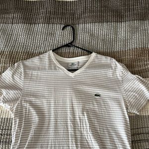 White grey striped Lacoste v-neck shirt. Size 4 / small